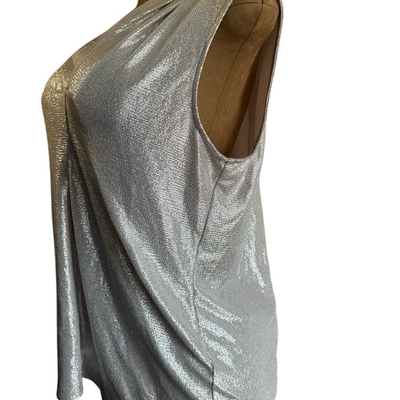Calvin Klein Metallic V Neck Sleeveless Top, Shiny Silver, Sz XL - Picture 4 of 7